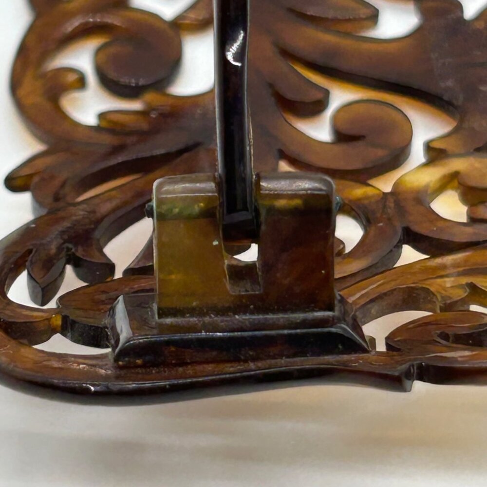 Antique Edwardian Carved Hair Comb Best-Hold Patent 1907 Clasp Celluloid Brown - Picture 8 of 16